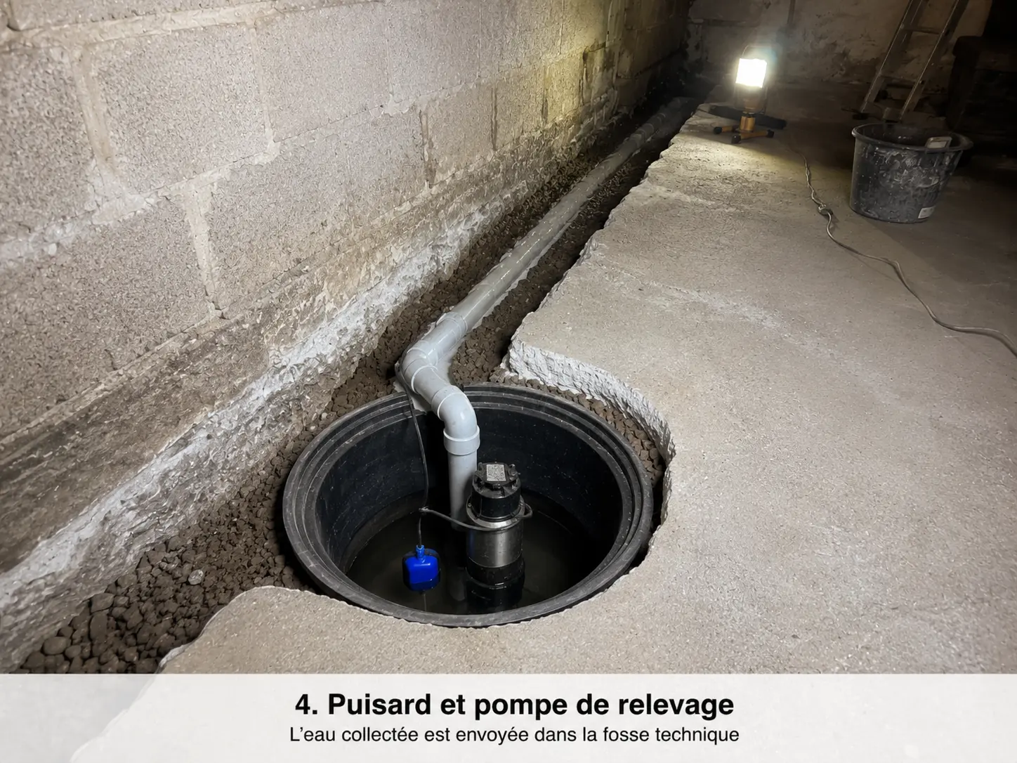 Puisard avec pompe de relevage pour drainage intérieur de sous-sol