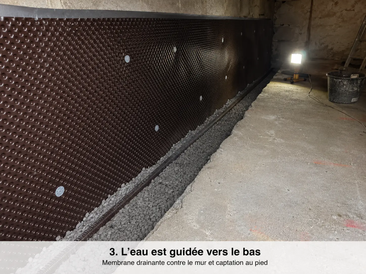 Membrane drainante intérieure installée contre un mur enterré de cave