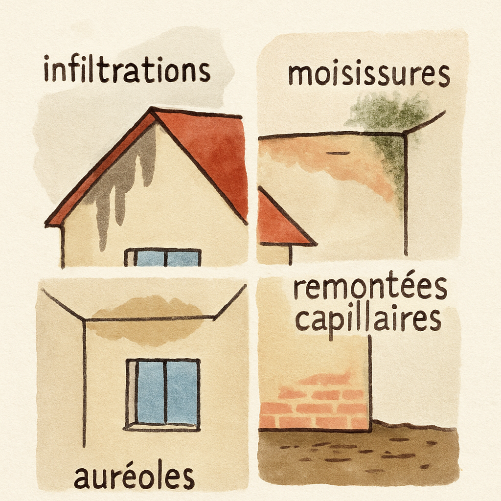 Illustration des signes visuels d'humidité : infiltrations, moisissures, auréoles et remontées capillaires