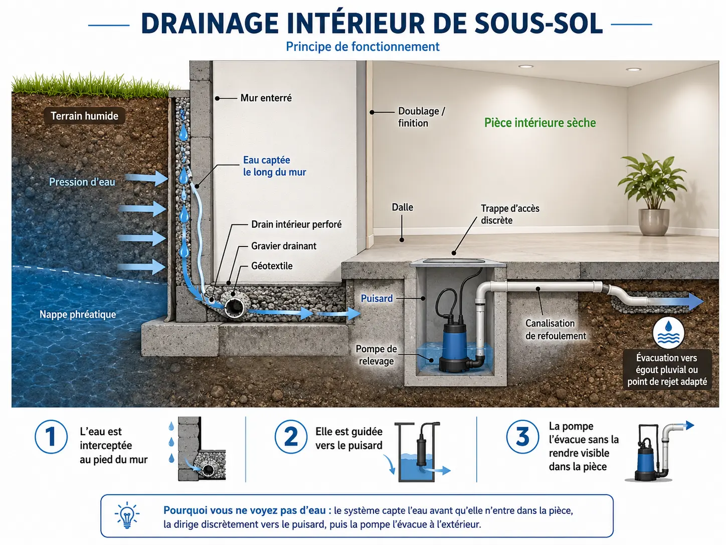 Schéma du principe de fonctionnement d'un drainage intérieur de sous-sol : captation au pied du mur, puisard, pompe de relevage et évacuation