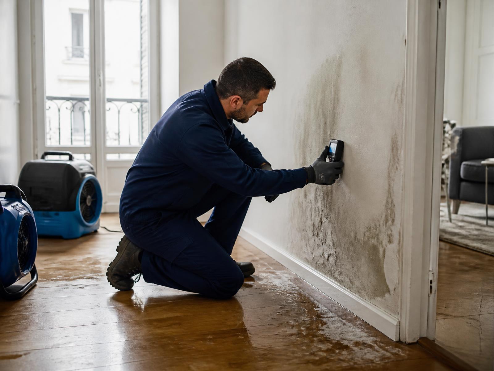 Technicien GIC Assèchement mesurant l'humidité d'un mur après un dégât des eaux dans un appartement, déshumidificateurs en place