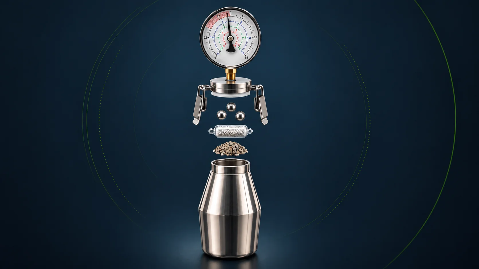 Vue éclatée 3D du matériel utilisé pour un test d'humidité à la bombe au carbure